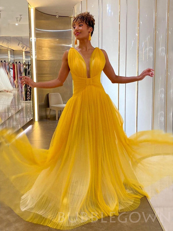 Deep V-neck Yellow Tulle A-line Long Evening Prom Dresses, MR7998 – BubbleGowns