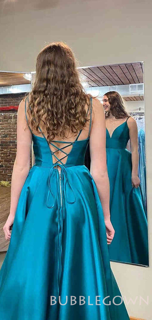 A-line Blue Satin Spaghetti Straps Simple Long Evening Prom Dresses, Cheap Custom prom dresses, MR8001