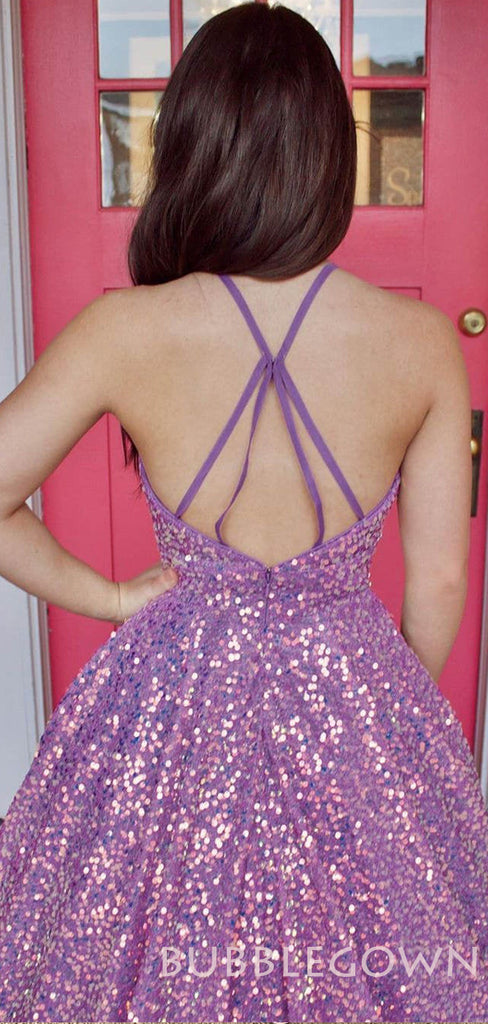 A-line Purple Sequin Sparkly Long Halter Evening Prom Dresses, MR8004