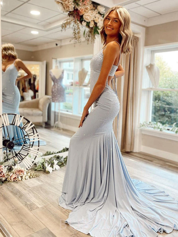 Mermaid V-neck Light Blue Spaghetti Straps Beaded Long Evening Prom Dresses, Cheap Custom Prom Dresses, MR8016