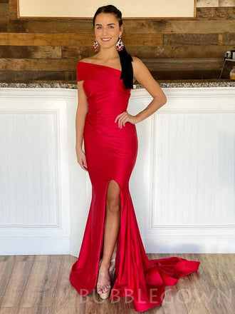 Royal Blue Satin One Shoulder Mermaid Long Evening Prom Dresses, Cheap Custom Prom Dresses, MR8032