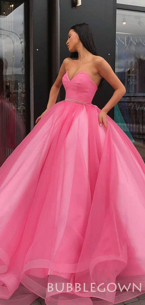 Ball Gown Hot Pink Organza Long Strapless Evening Prom Dresses, Cheap Sweet Prom dresses, MR8034