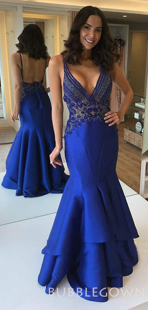 Deep V-neck Royal Blue Satin Mermaid beaded Long Evening Prom Dresses, Cheap Custom Prom Dresses, MR8037