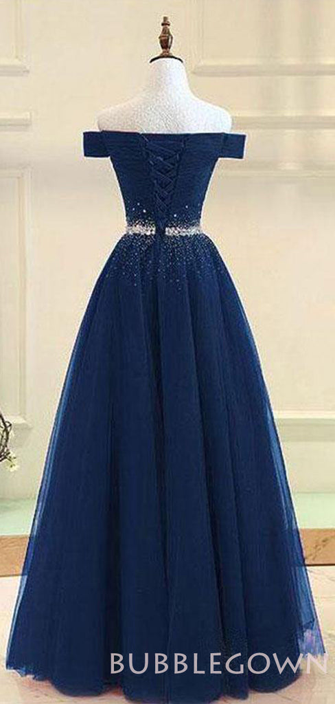 Off Shoulder Navy Blue Tulle Beaded Long Evening Prom Dresses, Cheap Custom Prom Dress, MR8050