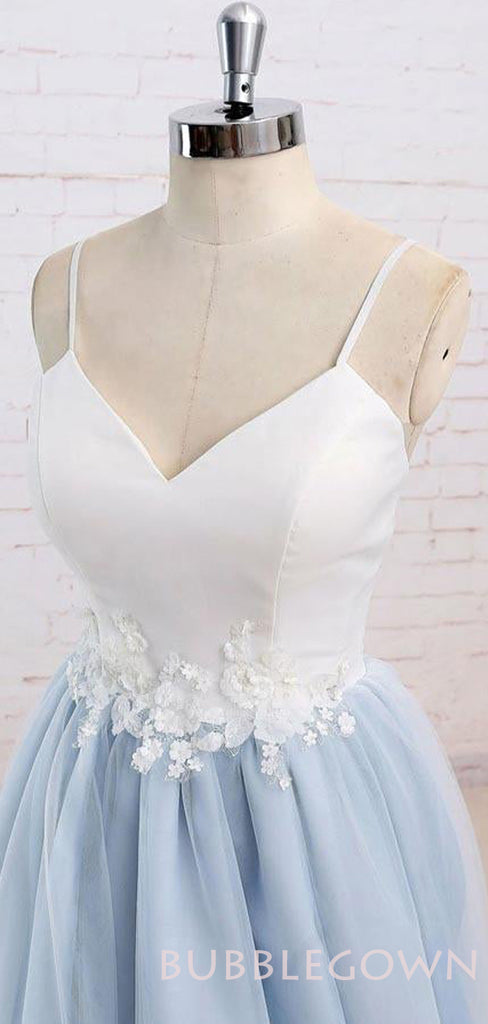 Spaghetti Straps Sweep Train Backless Light Blue Tulle Long Evening Prom Dresses, Cheap Custom Prom Dress, MR8052