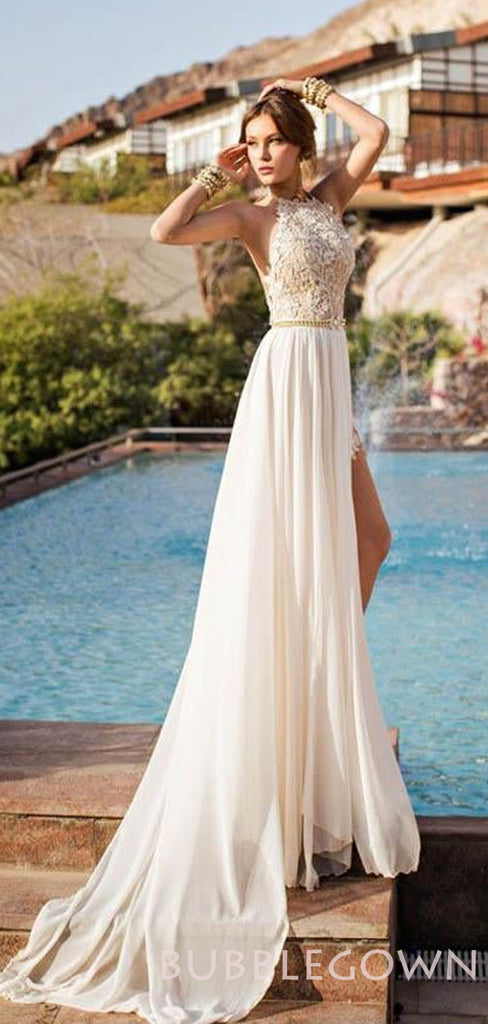 A-line White Chiffon Halter High Slit Long Prom Dresses, wedding Dresses, MR8057