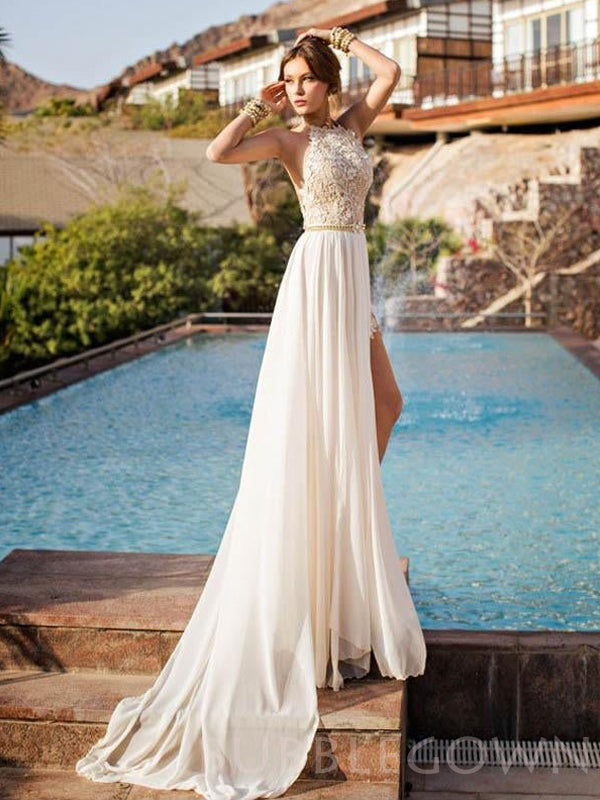 A-line White Chiffon Halter High Slit Long Prom Dresses, wedding Dresses, MR8057