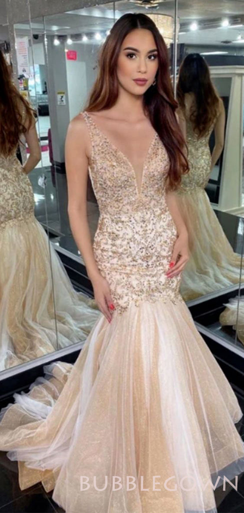Champagne Gold Tulle Beaded Sparkly Long Mermaid Evening Prom Dresses, MR8067