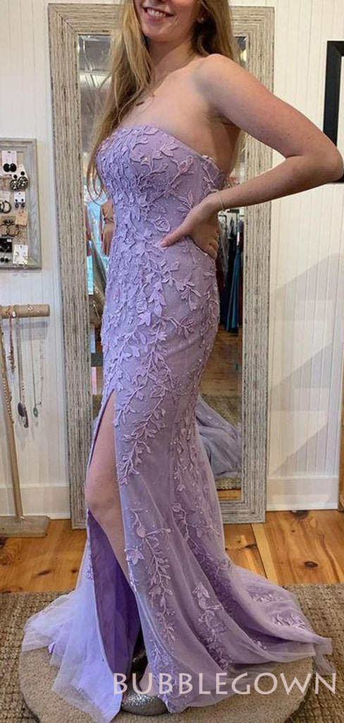 Mermaid Lilac Tulle Appliques Strapless Lace Long Evening Prom Dresses, MR8075