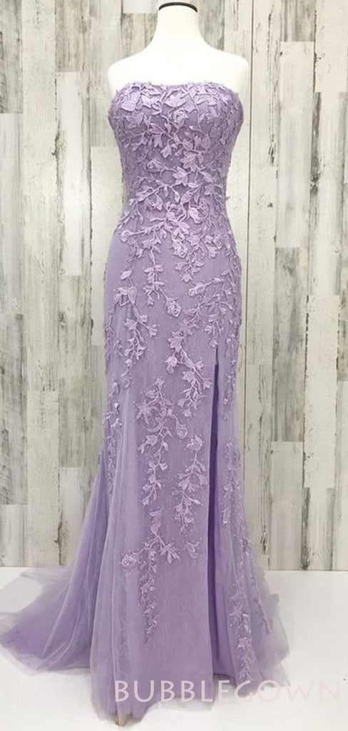 Mermaid Lilac Tulle Appliques Strapless Lace Long Evening Prom Dresses, MR8075