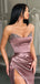 Mermaid Strapless Dusty Purple Satin Beaded Long Evening Prom Dresses, MR8089