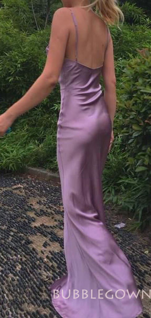Sheath Purple Satin Spaghetti Straps Long Cowl Neck Evening Prom Dresses, MR8091