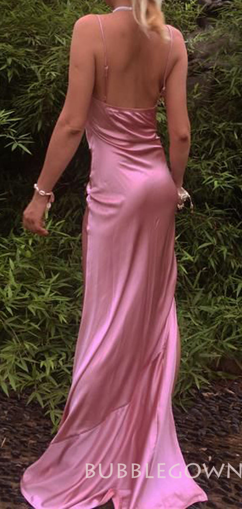 Sheath Purple Satin Spaghetti Straps Long Cowl Neck Evening Prom Dresses, MR8091