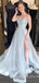 Spaghetti Straps A-line Dusty Blue Tulle Beaded Long Evening Prom Dresses, MR8094