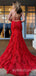 Deep V-neck Red Lace Spaghetti Straps Long Mermaid Evening Prom Dresses, MR8099