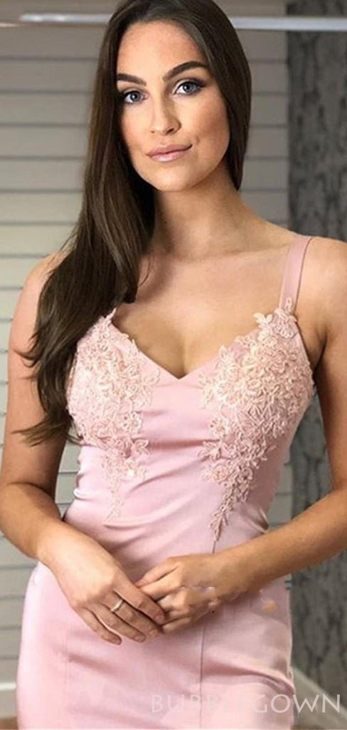 Mermaid Pink Satin Spaghetti Straps Appliques Long Evening Prom Dresses, MR8105