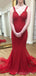 Red Satin Spaghetti Straps Appliques Long Mermaid Evening Prom Dresses, MR8114