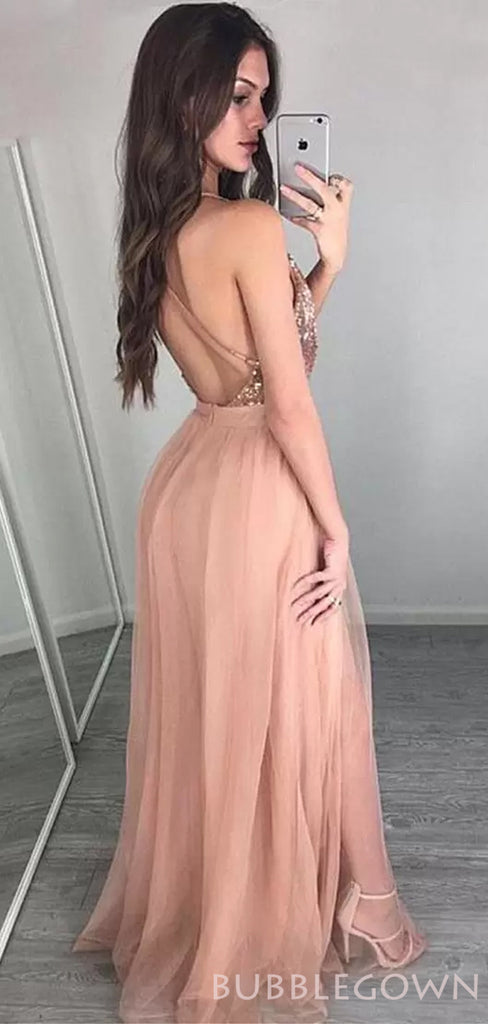 Sexy Deep V-neck Coral Sequin Long Spaghetti Straps Evening Prom Dresses, Cheap Custom Prom Dresses, MR8116