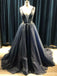 Deep V-neck Black Organza Appliques Beaded Long A-line Evening Prom Dresses, MR8126