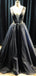 Deep V-neck Black Organza Appliques Beaded Long A-line Evening Prom Dresses, MR8126
