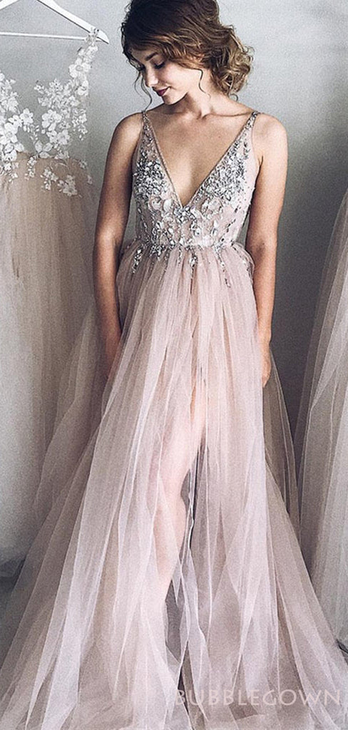 V-neck Tulle Appliques Beaded Long A-line Evening Prom Dresses, MR8136
