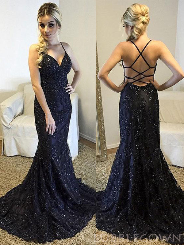Spaghetti Straps Black Tulle Appliques Long Mermaid Evening Prom Dresses, MR8140
