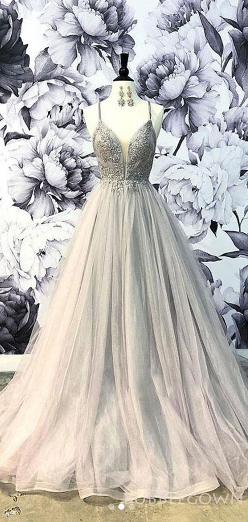 A-line Spaghetti Straps Grey Tulle Appliques V-neck Long Evening Prom Dresses, MR8143