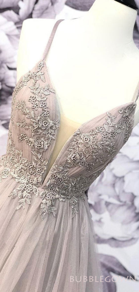 A-line Spaghetti Straps Grey Tulle Appliques V-neck Long Evening Prom Dresses, MR8143