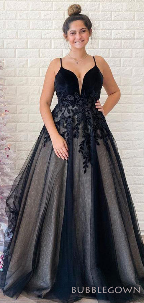A-line Black Tulle Velvet Appliques Spaghetti Straps Long Evening Prom Dresses, MR8156