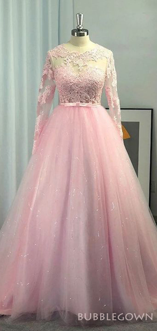 Long Sleeves Pink Tulle Appliques High Neck Long A-line Evening Prom D β BubbleGowns