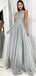 A-line Grey Satin Beaded Long Evening Prom Dresses, MR8162