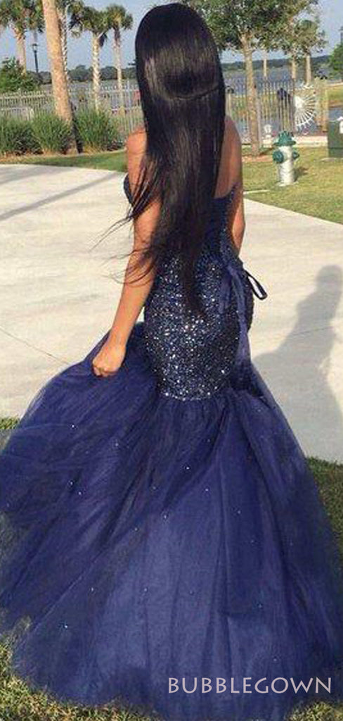 Mermaid Navy Blue Tulle Beaded Strapless Long Sweetheart Evening Prom Dresses, MR8164