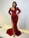 Long Sleeves Mermaid Red Sequin High Slit Long Sparkly Evening Prom Dresses, MR8165