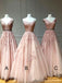 A-line Pink Tulle Appliques Long Evening Prom Dresses, MR8166