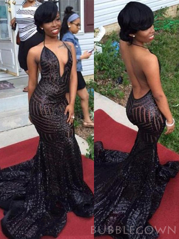 Spaghetti Straps Black Sequin Long Evening Prom Dresses, Mermaid Spark BubbleGowns Spaghetti Straps Black Sequin Long Evening Prom Dresses, Mermaid Spark BubbleGowns