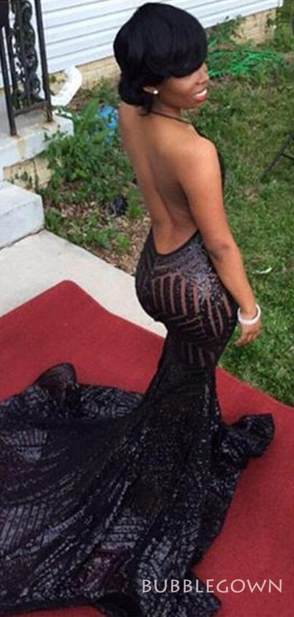 Spaghetti Straps Black Sequin Long Evening Prom Dresses, Mermaid Spark BubbleGowns Spaghetti Straps Black Sequin Long Evening Prom Dresses, Mermaid Spark BubbleGowns