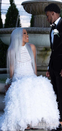 High-low White Sequin Long Halter Evening Prom Dresses with feather, Custom Prom Dress, MR8209