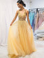 A-line Yellow Tulle Beaded Long Evening Prom Dresses, Cheap Custom Prom Dress, MR8213