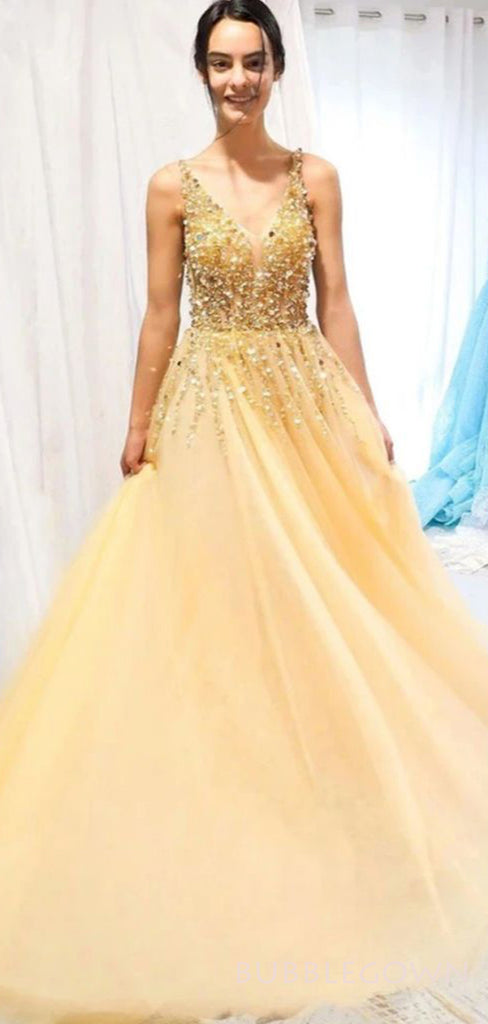 A-line Yellow Tulle Beaded Long Evening Prom Dresses, Cheap Custom Prom Dress, MR8213