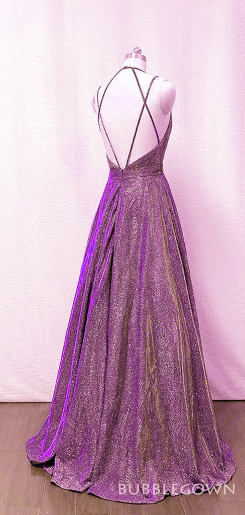 A-line Spaghetti Straps Sparkly Long Evening Prom Dresses, Silver Grey Custom Prom Dress, MR8215