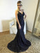 Black Tulle Appliques Mermaid Long Evening Prom Dresses, Spaghetti Straps Custom Prom Dress, MR8220
