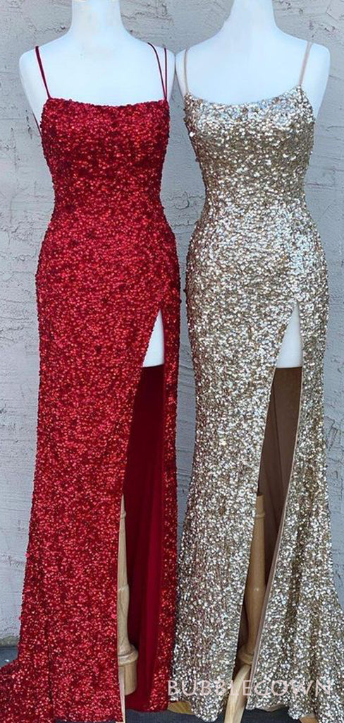 Sheath Red Sequin Long Mermaid Evening Prom Dresses, Spaghetti Straps Sparkly Custom Prom Dress, MR8229