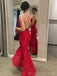 Red Lace Long Mermaid Evening Prom Dresses, Spaghetti Straps Trumpet Custom Prom Dress, MR8230