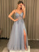 A-line Dusty Blue Tulle Beaded Long Evening Prom Dresses, Spaghetti Straps Custom Prom Dresses, MR8232
