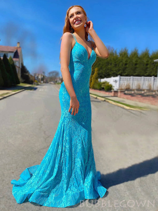 Spaghetti Straps Blue Lace Long Evening Prom Dresses, Mermaid Custom Prom Dress, MR8233