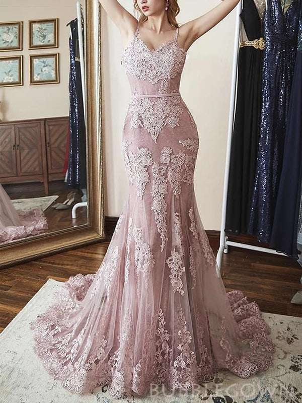 Spaghetti Straps Tulle Appliques Long Evening Prom Dresses, Mermaid Lace Custom Prom Dress, MR8239