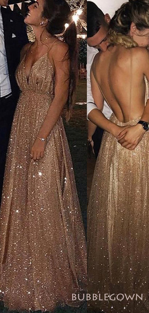 Sexy Backless Gold Sequin Sparkly Long Evening Prom Dresses, A-line Spaghetti Straps Custom Prom Dress, MR8243