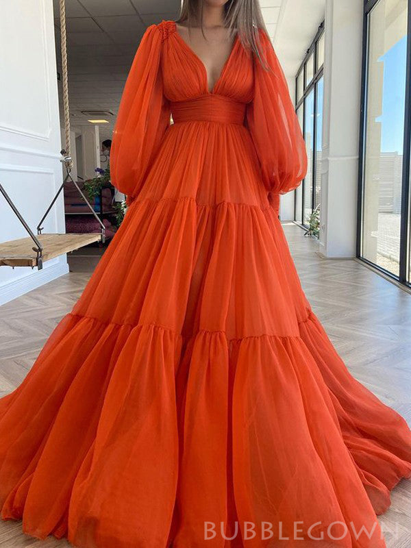 Deep V Neck Long Sleeves Long Evening Prom Dresses, A-line Orange Chiffon Custom Prom Dress, MR8245