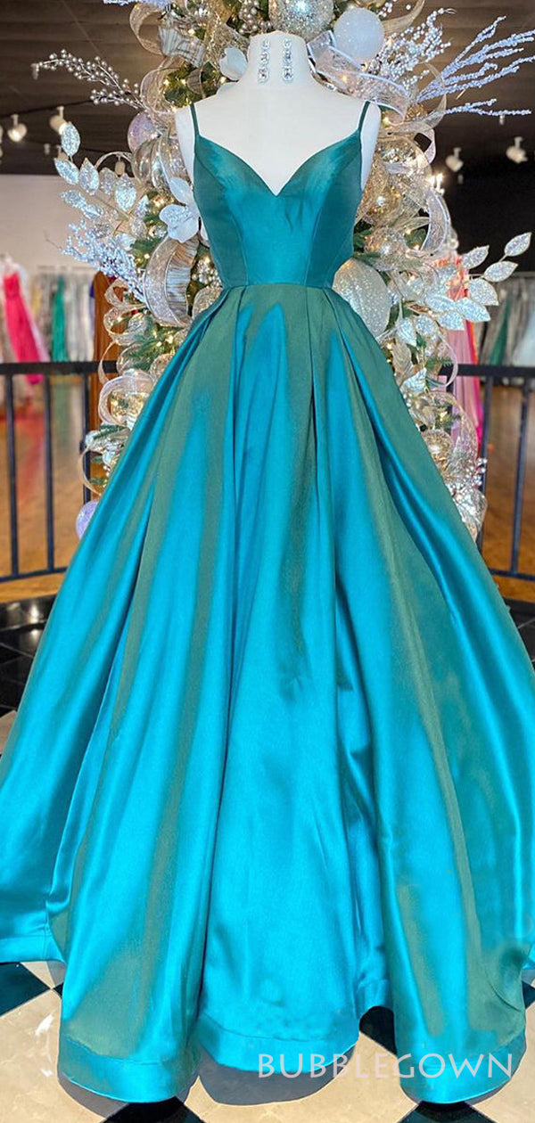 A-line Peacock Blue Satin Long Evening Prom Dresses, Spaghetti Straps – BubbleGowns