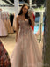 A-line Pink Tulle Appliques Long Evening Prom Dresses, Spaghetti Straps Custom Prom Dress, MR8253